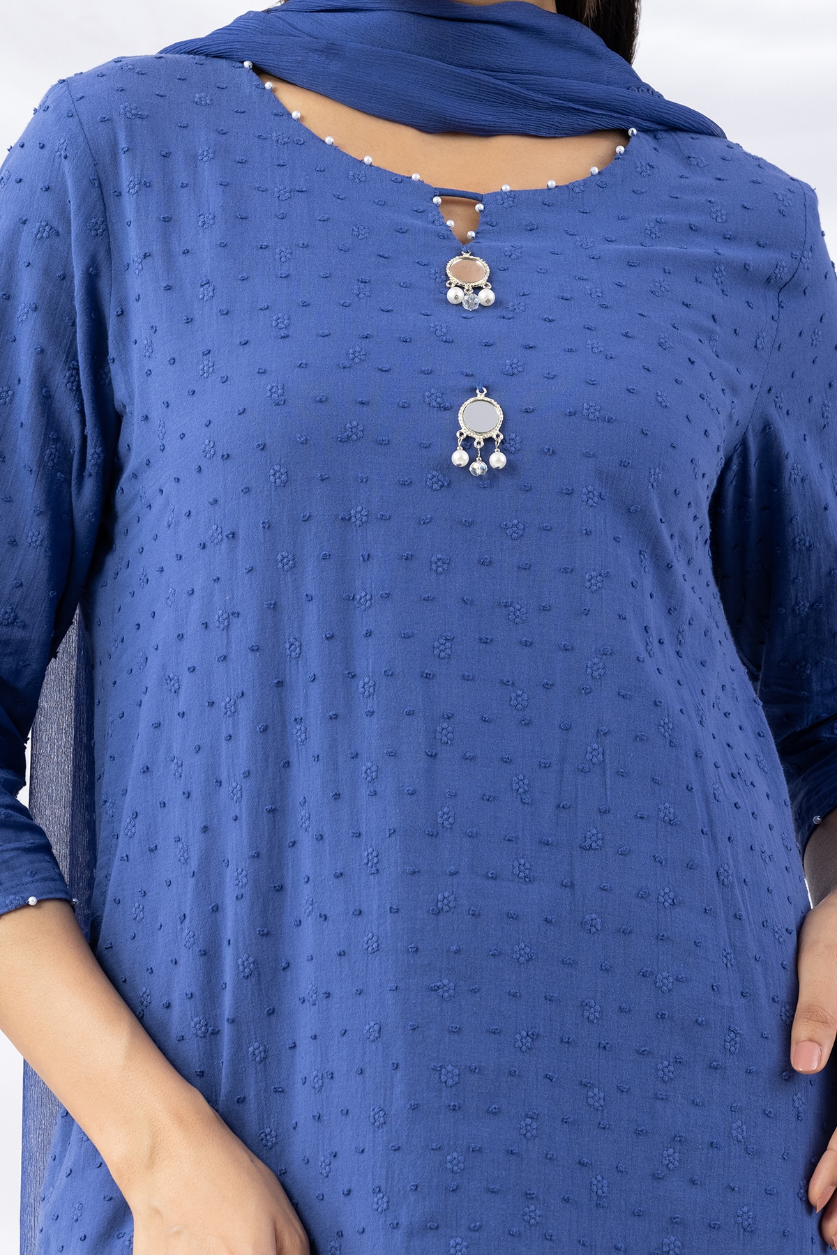 Embroidered Blue Cotton Kurti For Woman