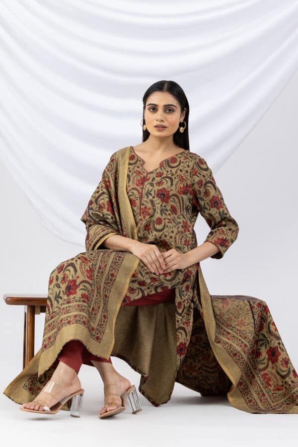 Printed Khaki Winter Kurta Women