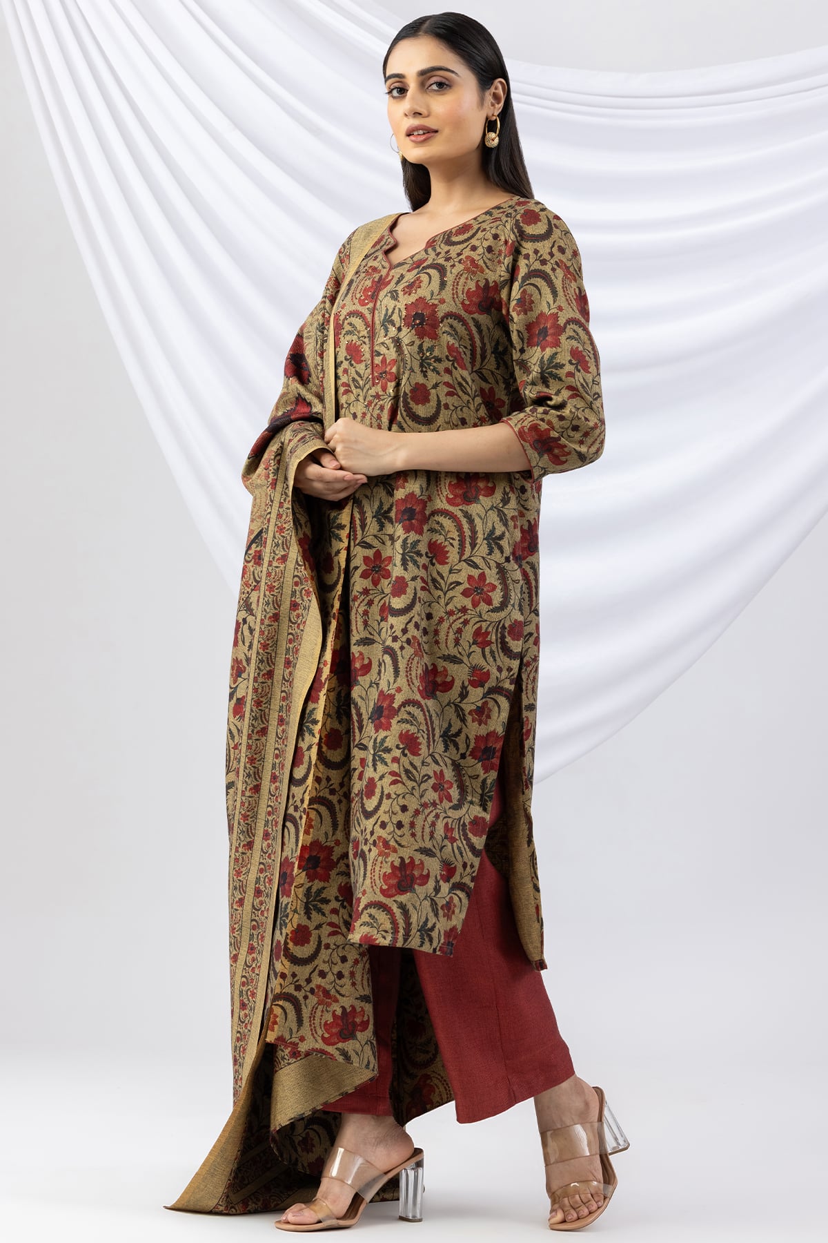 Printed Khaki Winter Kurta Women