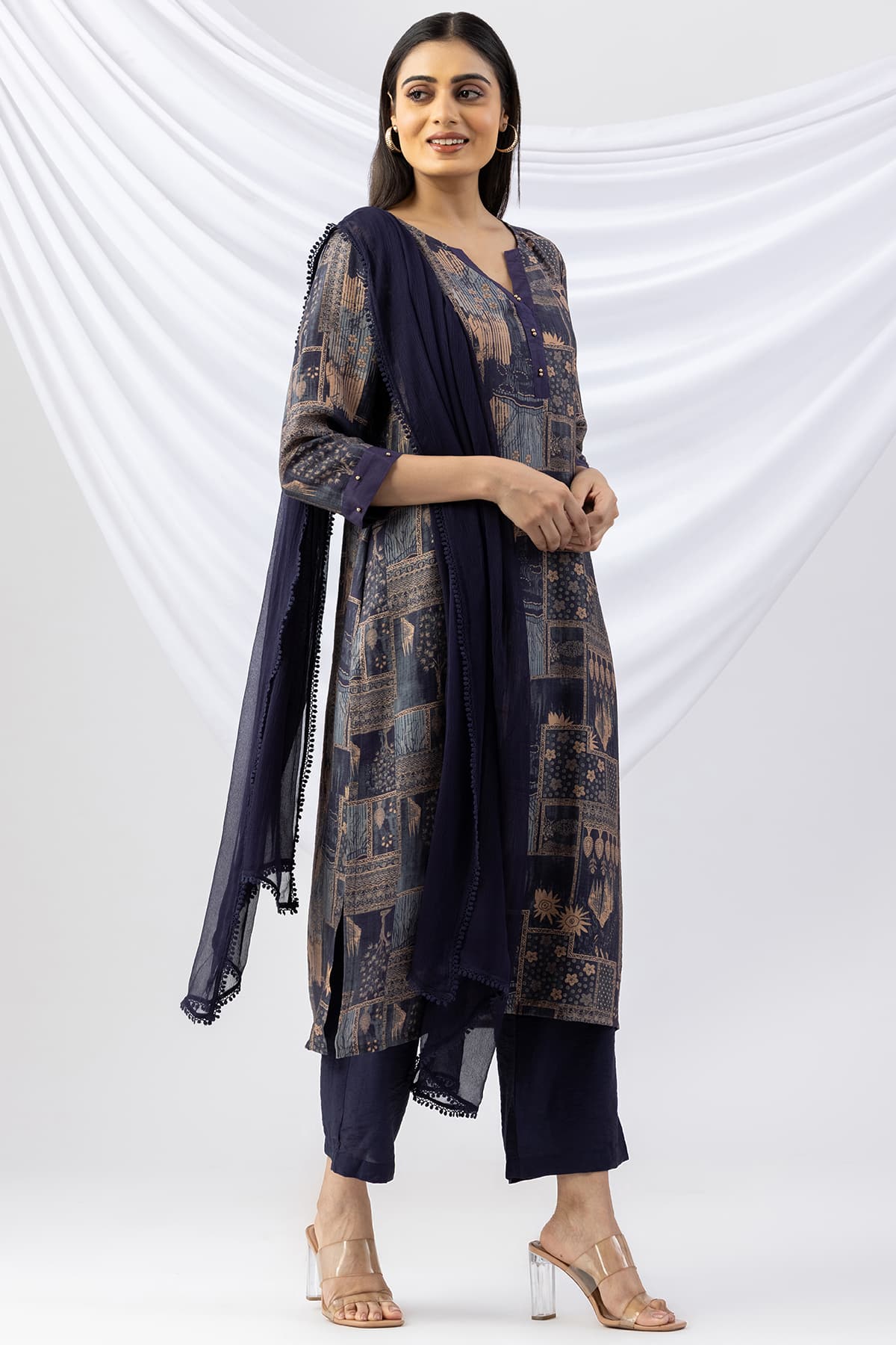 navy blue colour kurti printed viscose crush round neck 3/4 sleeves