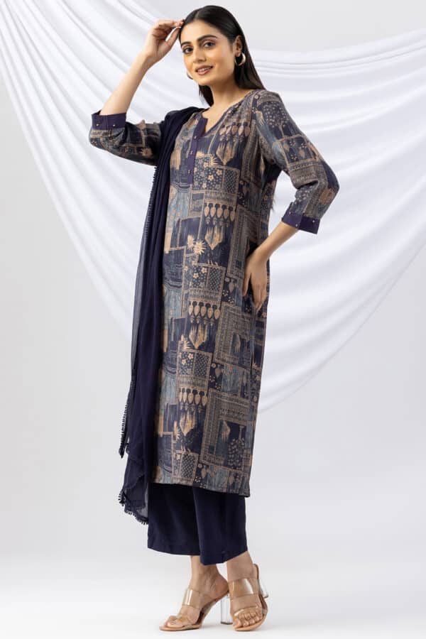 navy blue colour kurti printed viscose crush round neck 3/4 sleeves