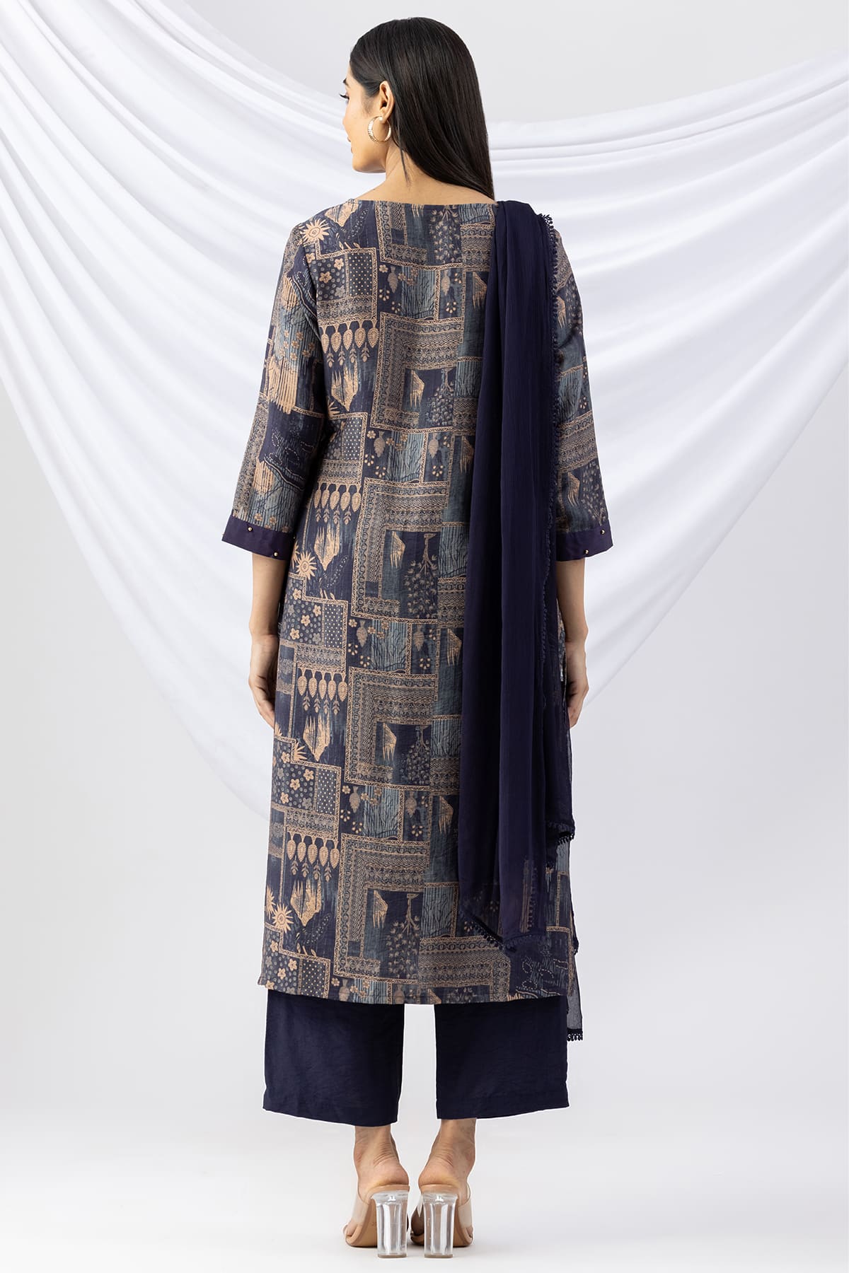 navy blue colour kurti printed viscose crush round neck 3/4 sleeves