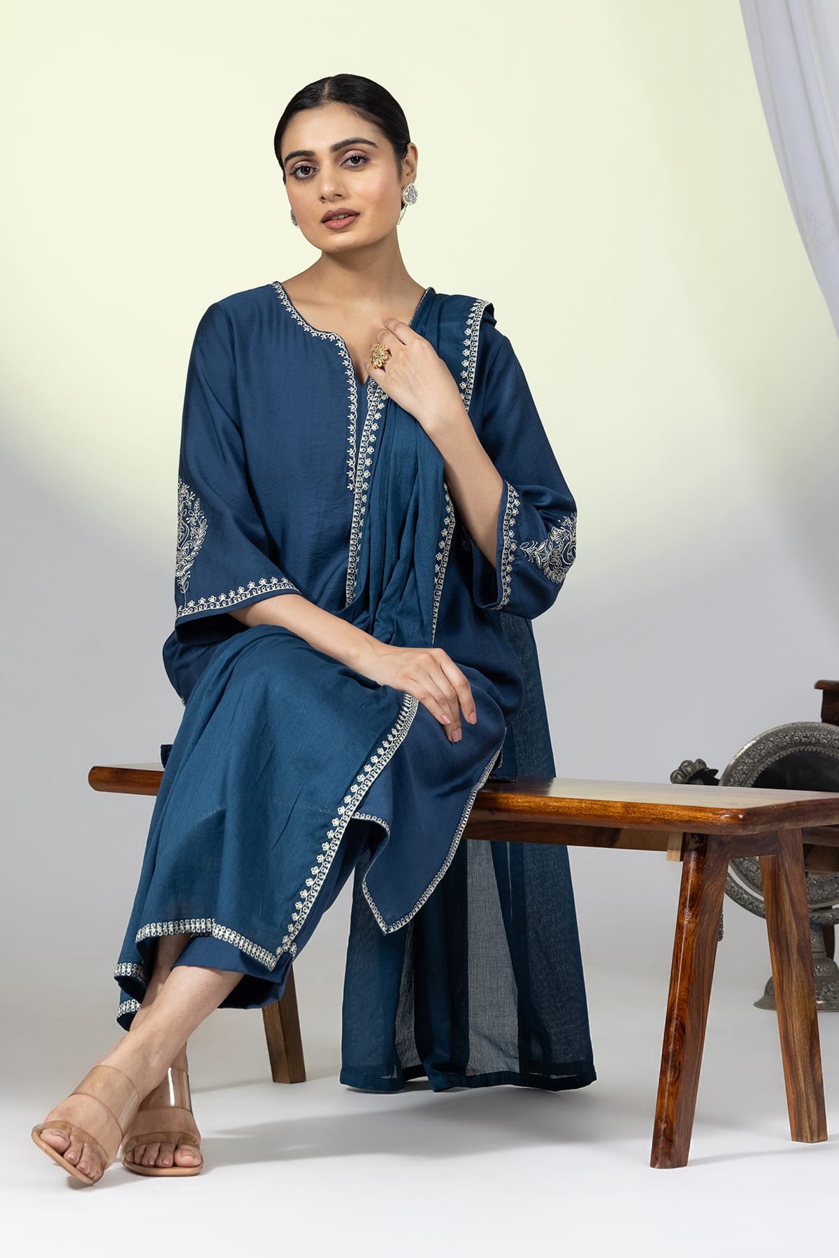 Embellished Teal Round Neck Kurti For Ladies