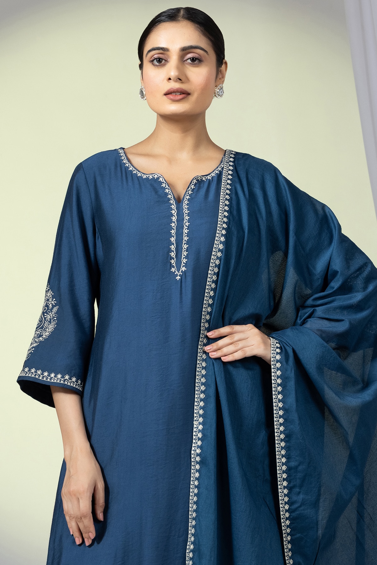 Embellished Teal Round Neck Kurti For Ladies