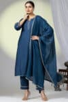Embellished Teal Round Neck Kurti For Ladies