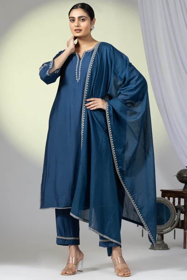 Embellished Teal Round Neck Kurti For Ladies