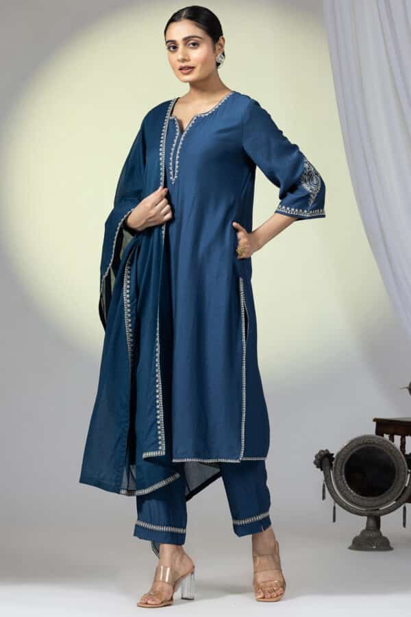 Embellished Teal Round Neck Kurti For Ladies