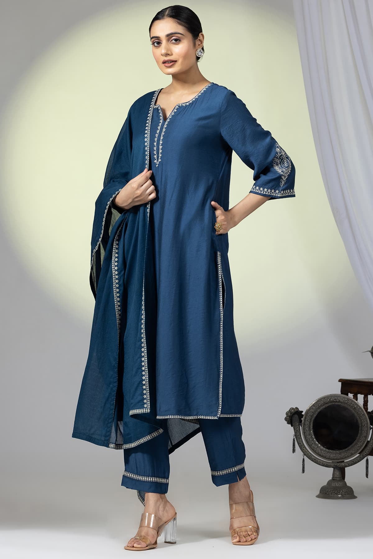 Embellished Teal Round Neck Kurti For Ladies