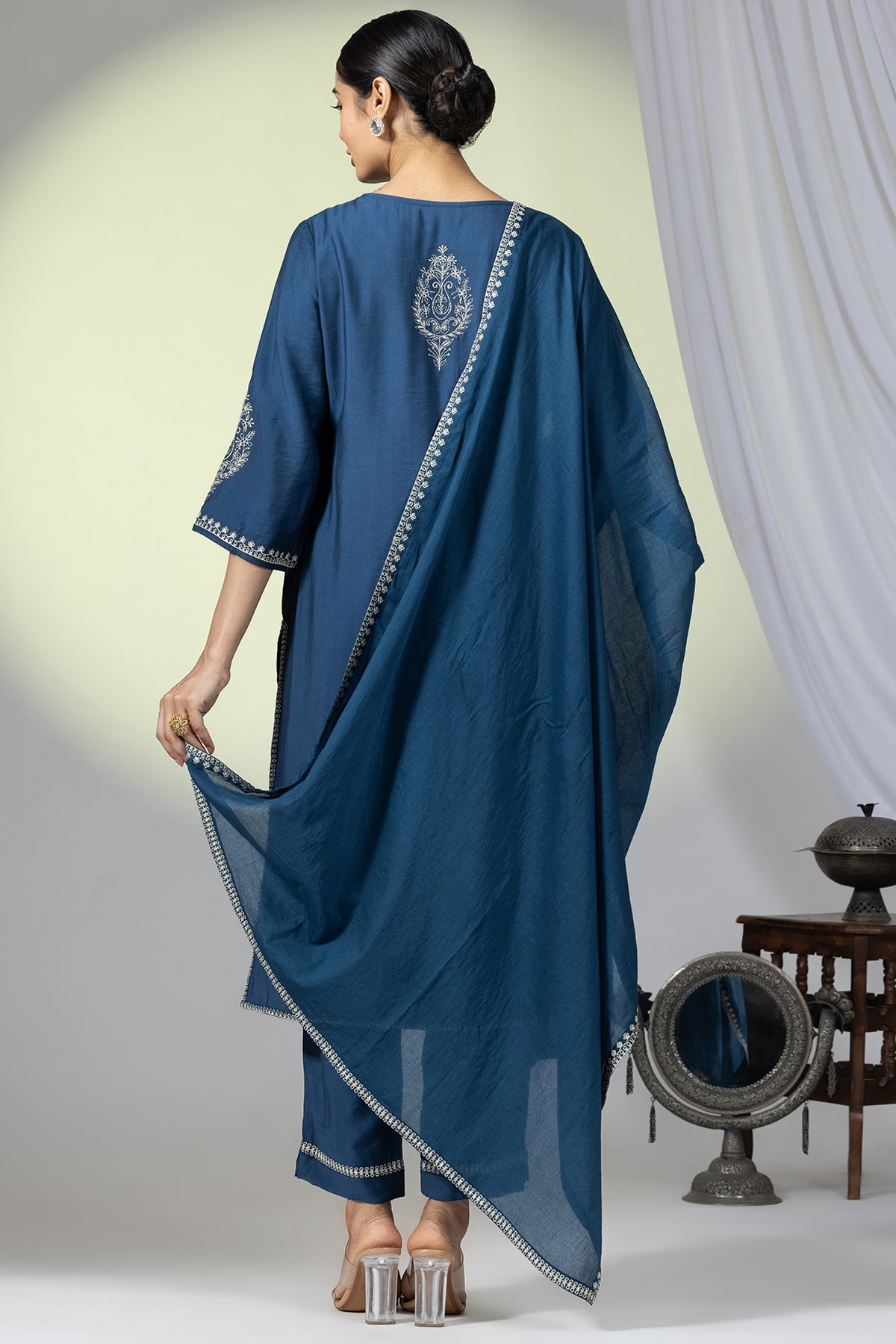 Embellished Teal Round Neck Kurti For Ladies