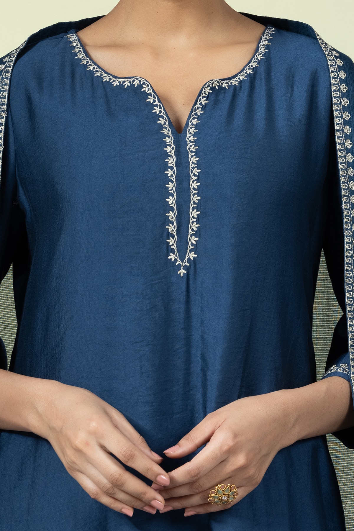 Embellished Teal Round Neck Kurti For Ladies