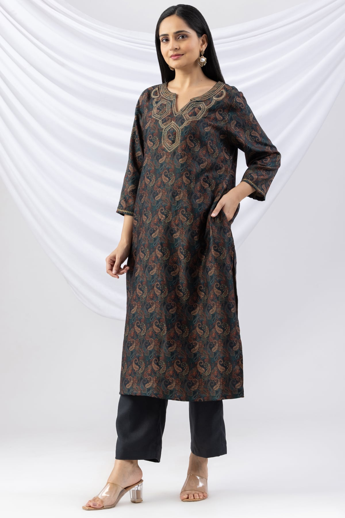 winter kurti teal green embroidered pashmina round neck with 3/4 sleeves