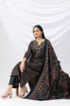 winter kurti teal green embroidered pashmina round neck with 3/4 sleeves