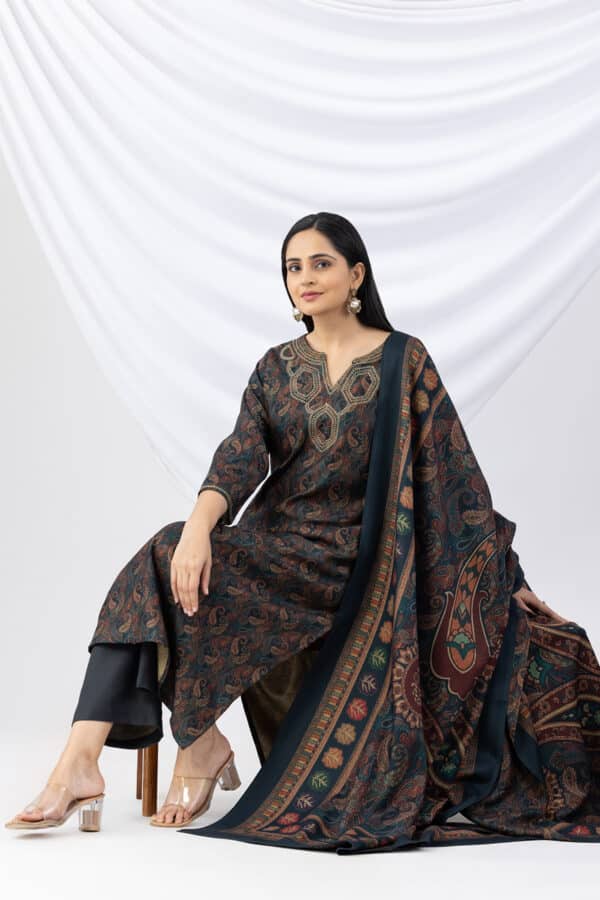 winter kurti teal green embroidered pashmina round neck with 3/4 sleeves