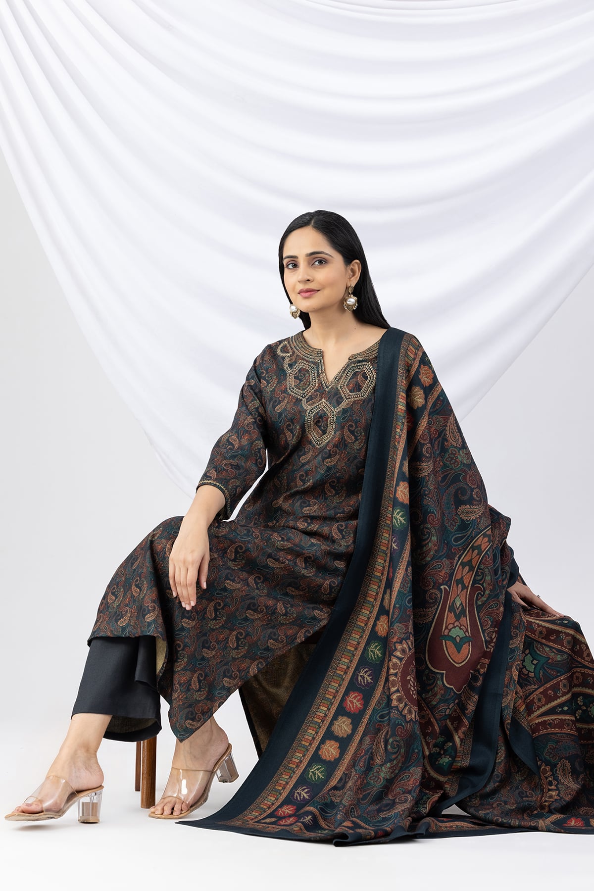 winter kurti teal green embroidered pashmina round neck with 3/4 sleeves