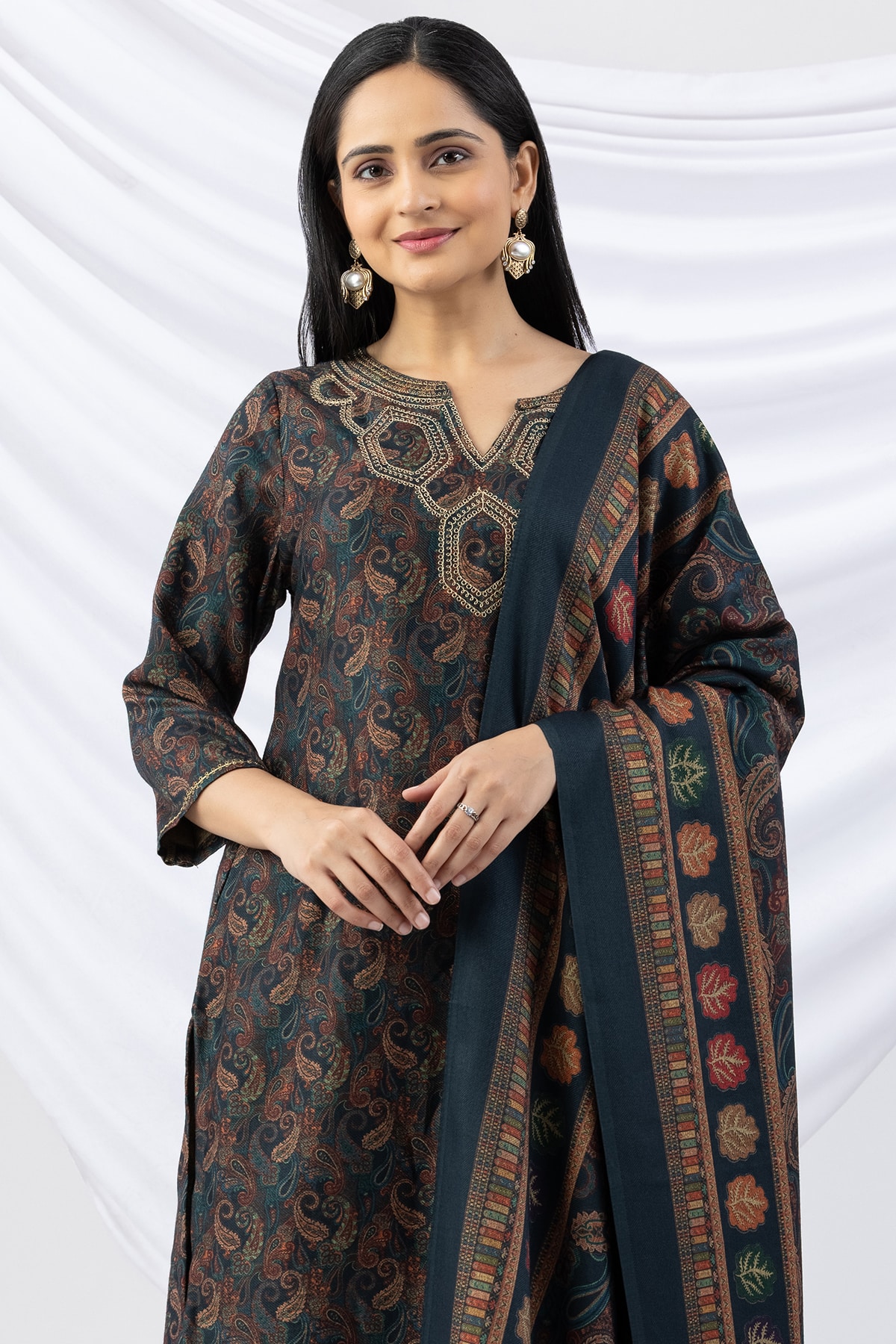 winter kurti teal green embroidered pashmina round neck with 3/4 sleeves