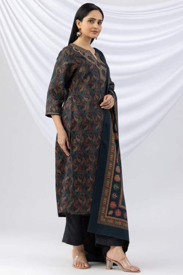 winter kurti teal green embroidered pashmina round neck with 3/4 sleeves