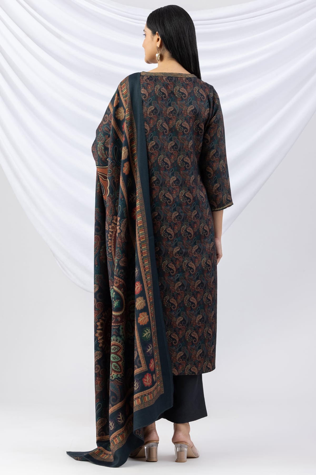 winter kurti teal green embroidered pashmina round neck with 3/4 sleeves