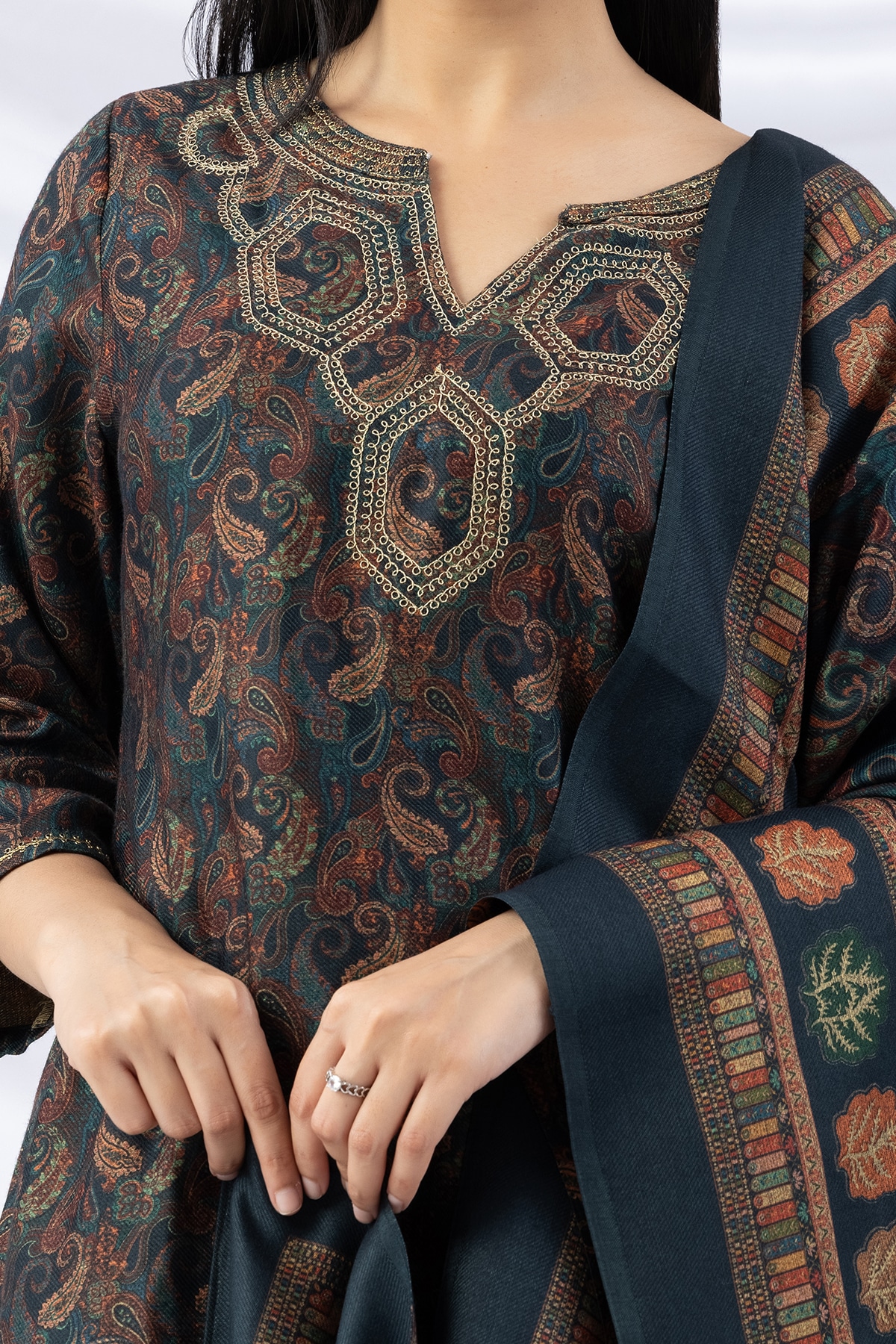 winter kurti teal green embroidered pashmina round neck with 3/4 sleeves