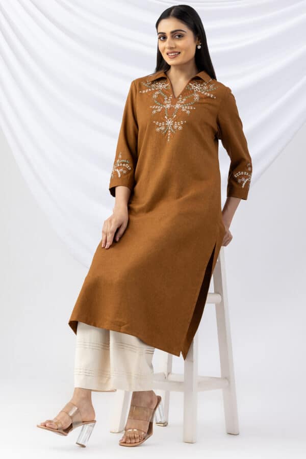 woolen kurti ladies topaz embroidered wool linen twill collared with 3/4 sleeves