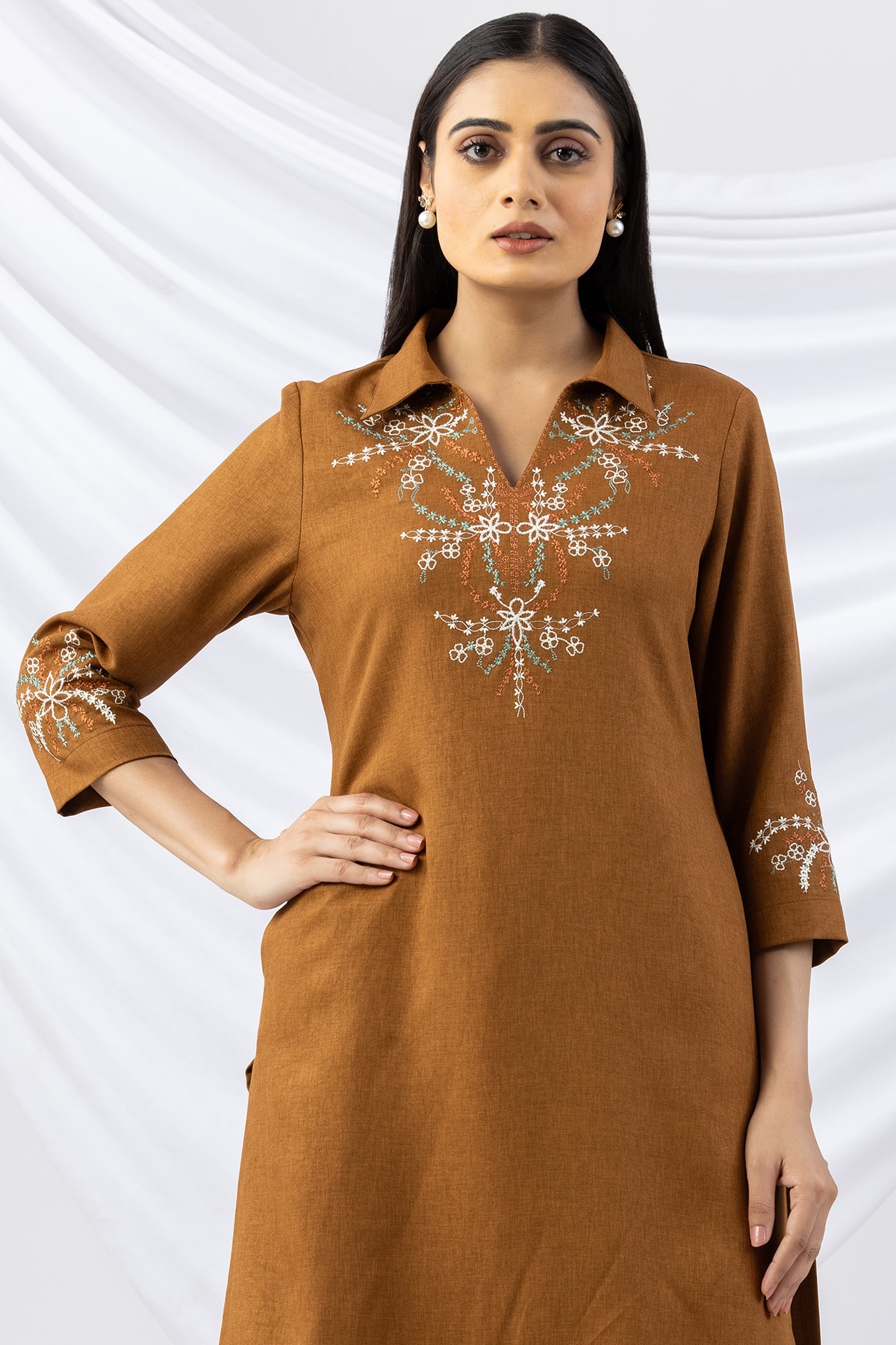 woolen kurti ladies topaz embroidered wool linen twill collared with 3/4 sleeves