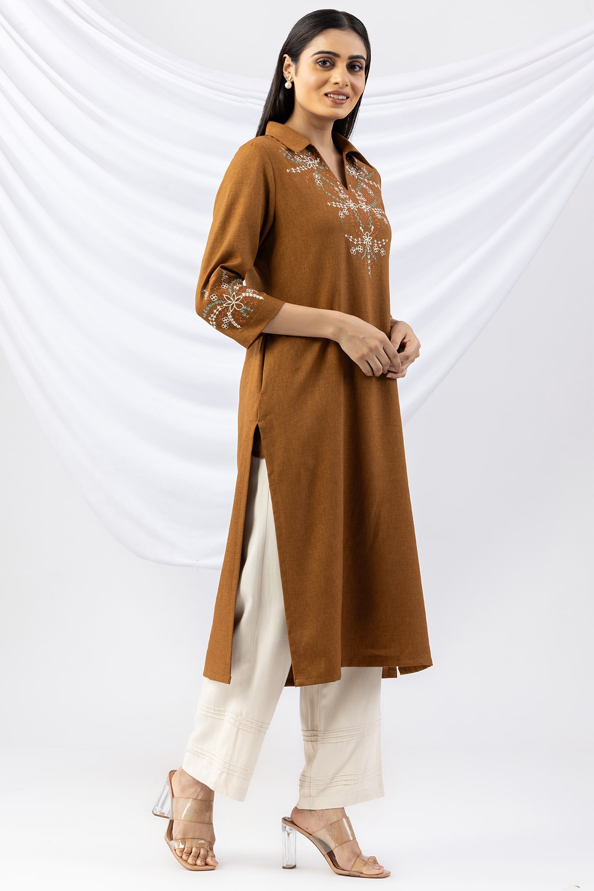 woolen kurti ladies topaz embroidered wool linen twill collared with 3/4 sleeves