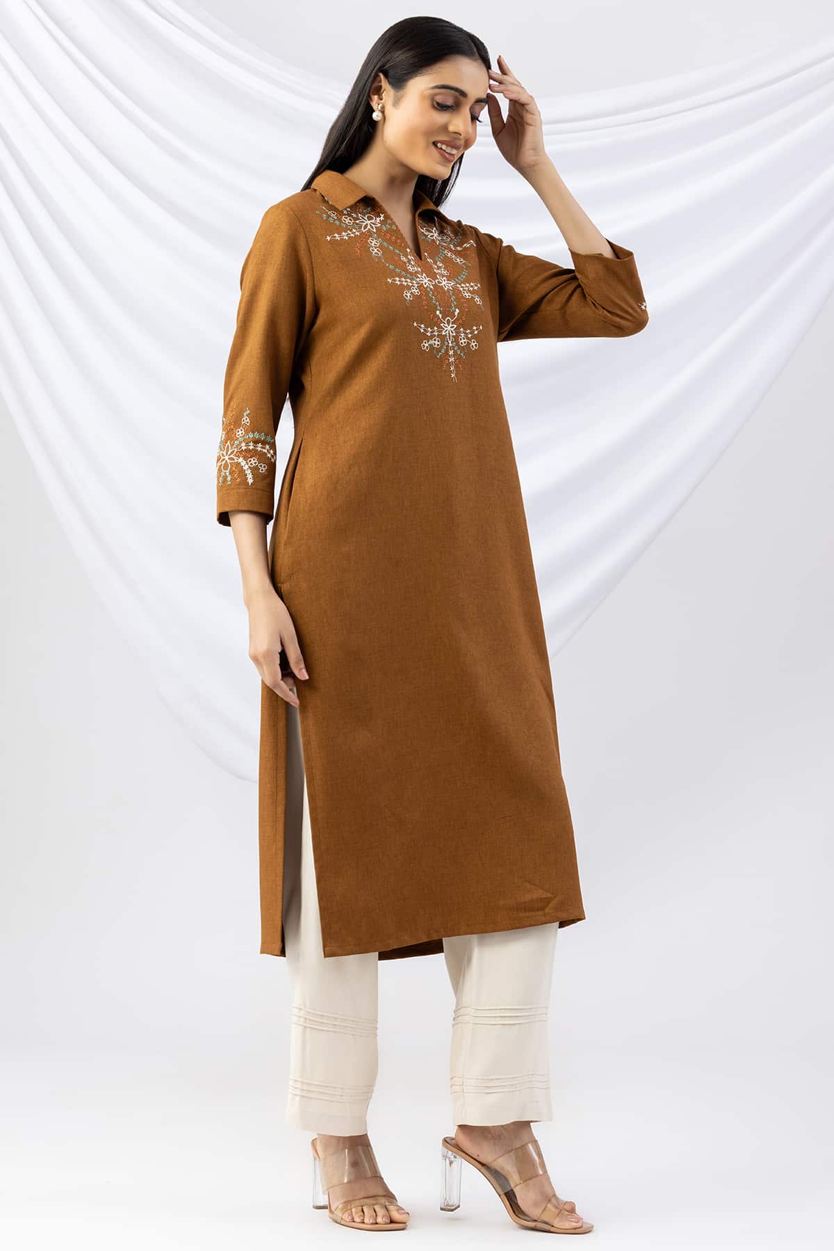 woolen kurti ladies topaz embroidered wool linen twill collared with 3/4 sleeves