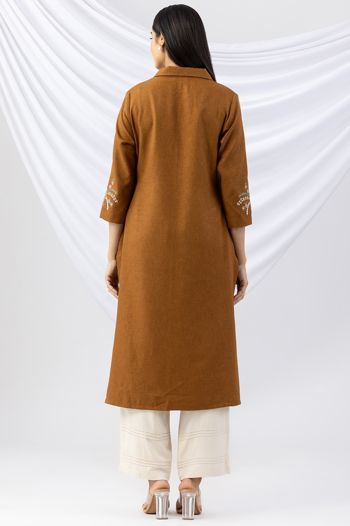 woolen kurti ladies topaz embroidered wool linen twill collared with 3/4 sleeves