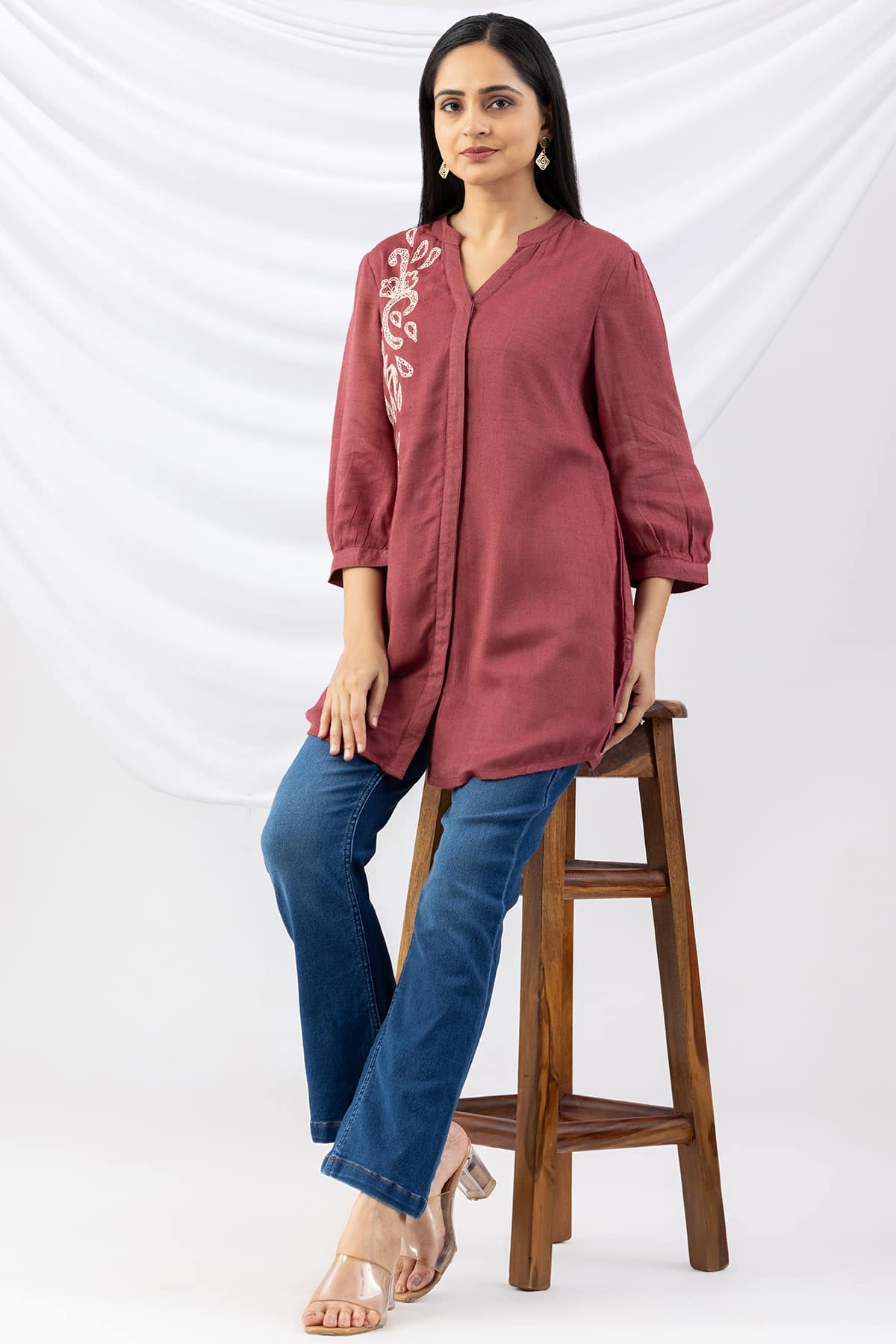 tunic ladies top dusty red embroidered viscose moss mandarin collar with 3/4 sleeves