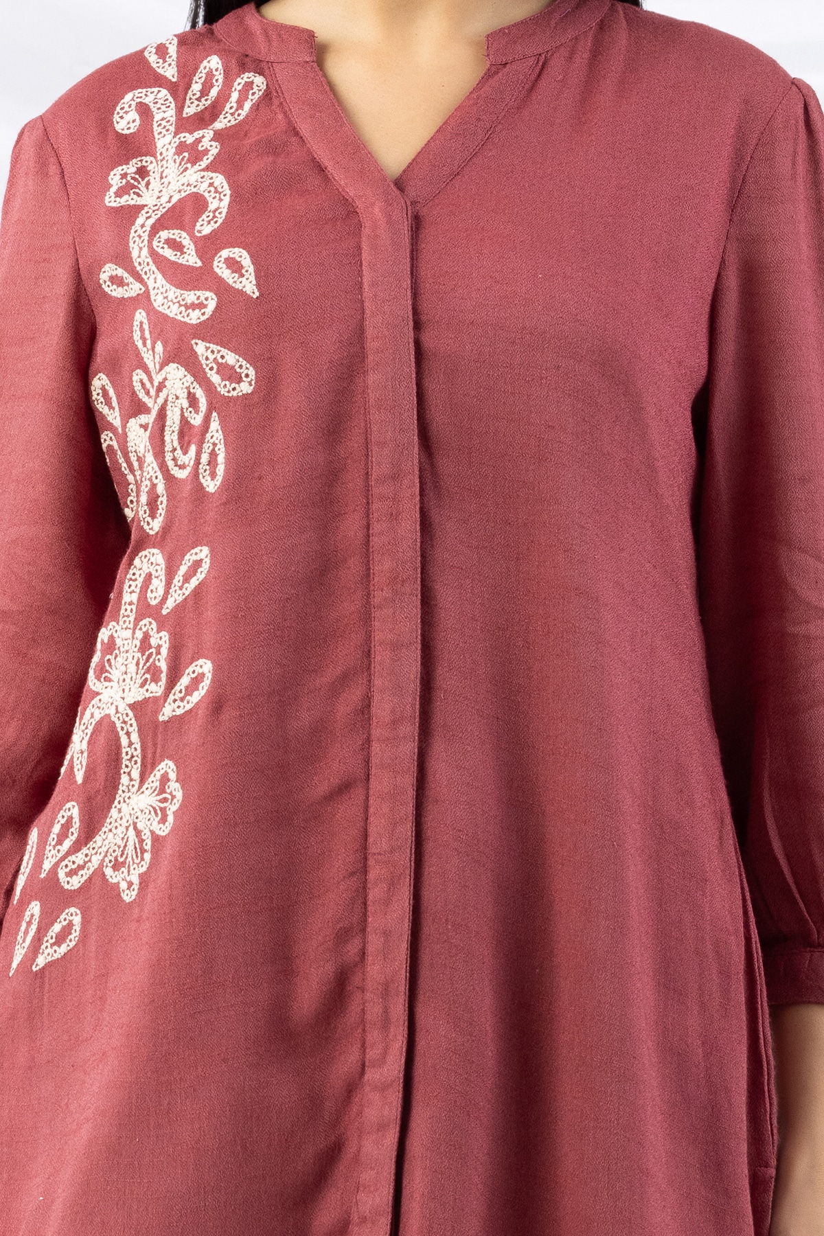 tunic ladies top dusty red embroidered viscose moss mandarin collar with 3/4 sleeves