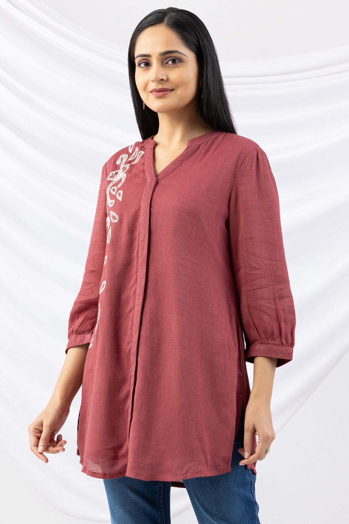 tunic ladies top dusty red embroidered viscose moss mandarin collar with 3/4 sleeves