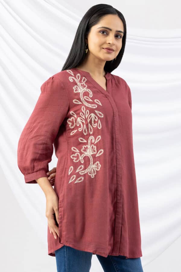 tunic ladies top dusty red embroidered viscose moss mandarin collar with 3/4 sleeves