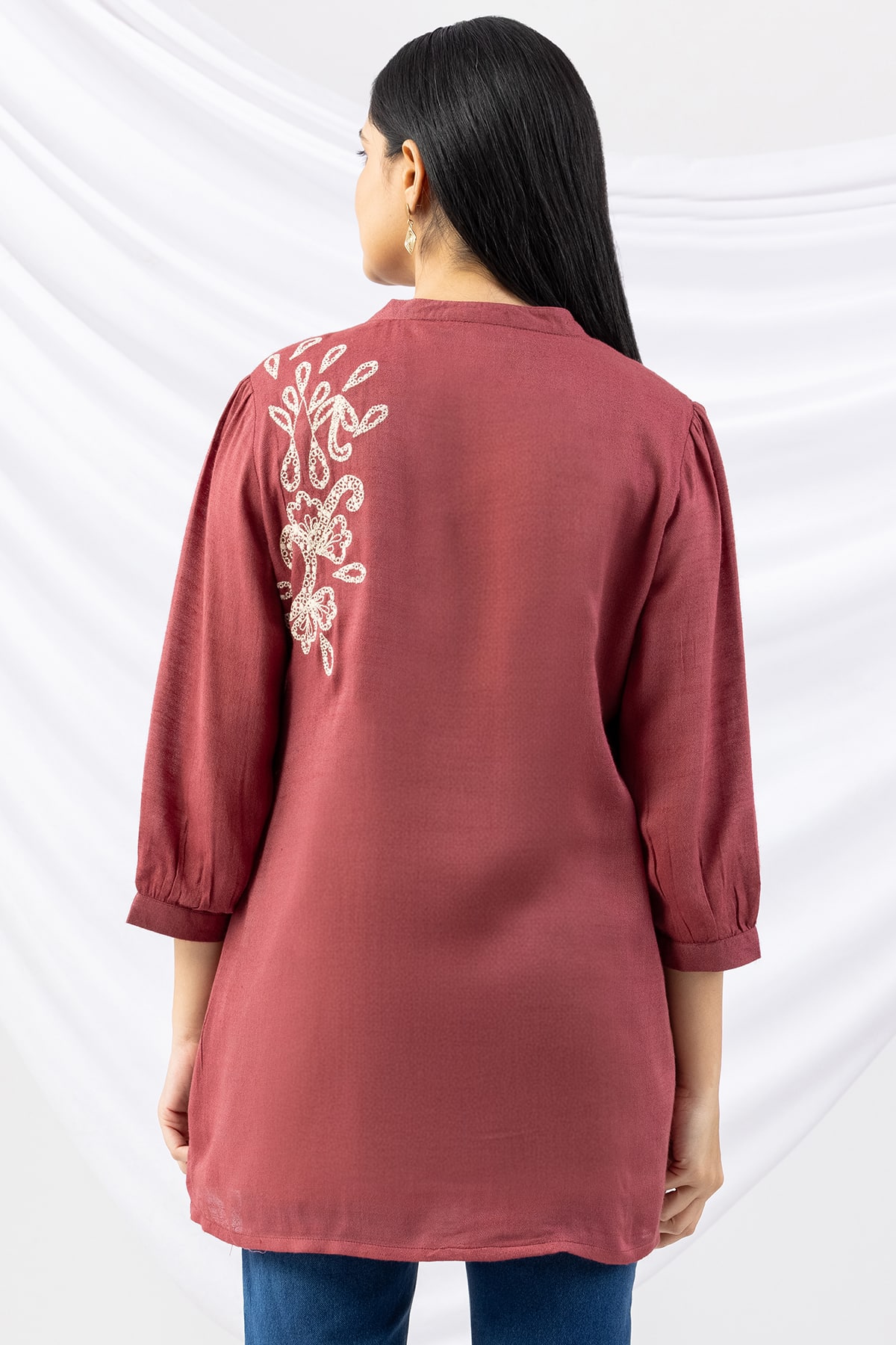 tunic ladies top dusty red embroidered viscose moss mandarin collar with 3/4 sleeves