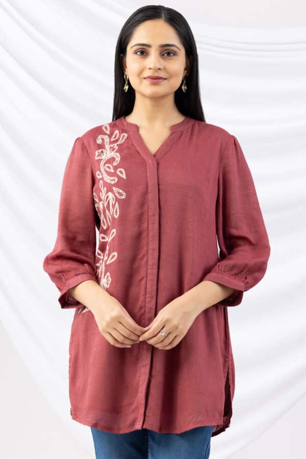 tunic ladies top dusty red embroidered viscose moss mandarin collar with 3/4 sleeves