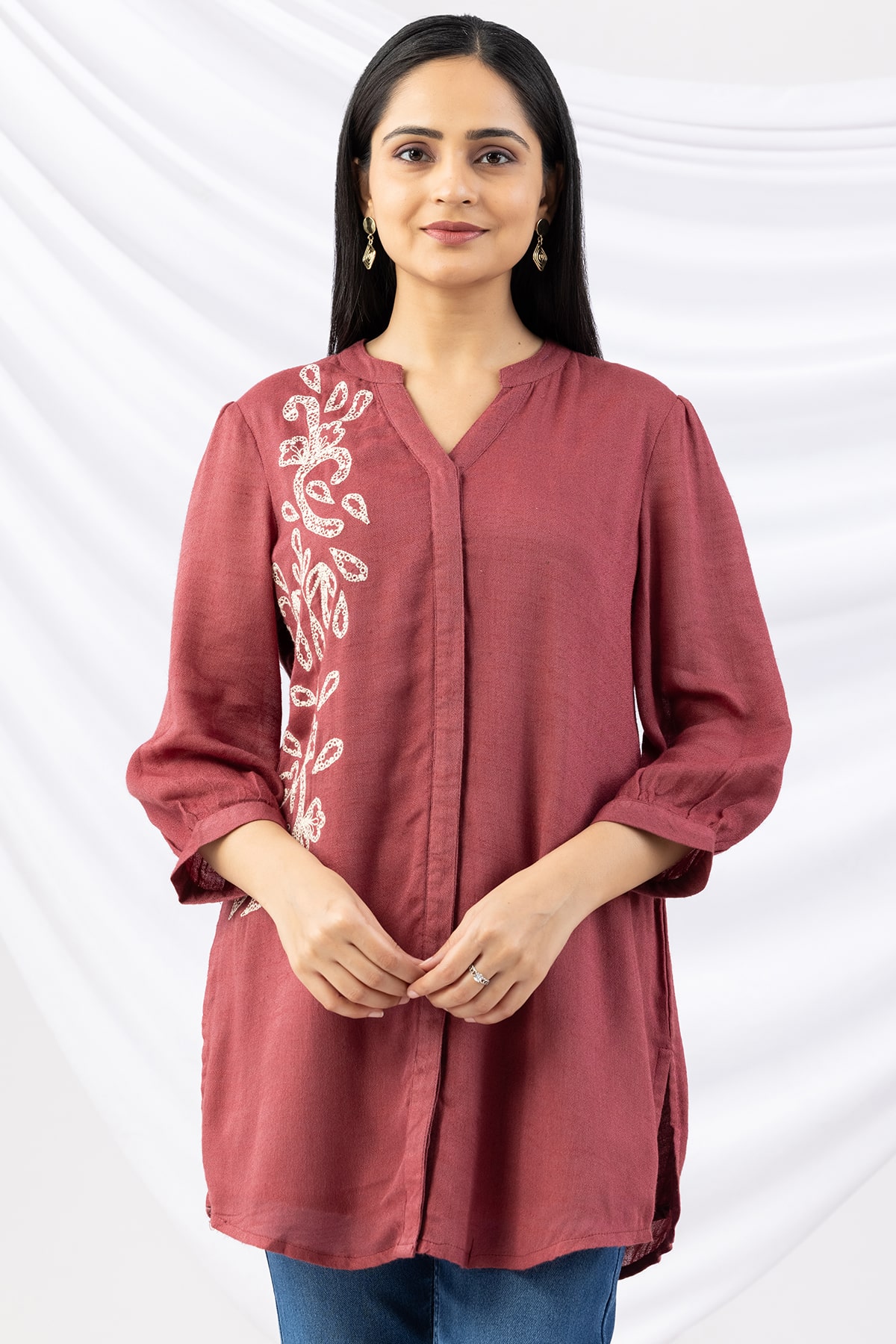 tunic ladies top dusty red embroidered viscose moss mandarin collar with 3/4 sleeves