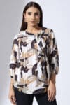 grey top ladies printed satin dobby stripe string tie neck with 3/4 sleeves