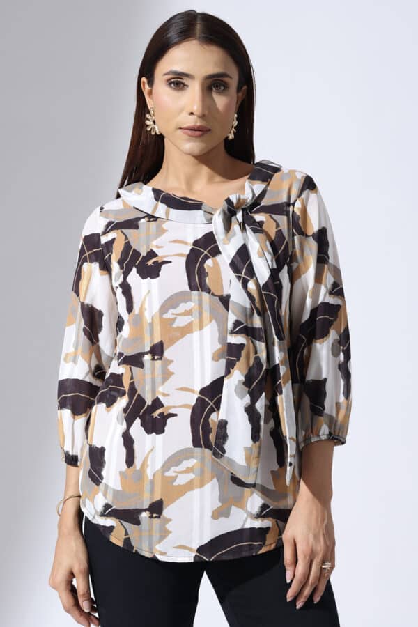 grey top ladies printed satin dobby stripe string tie neck with 3/4 sleeves
