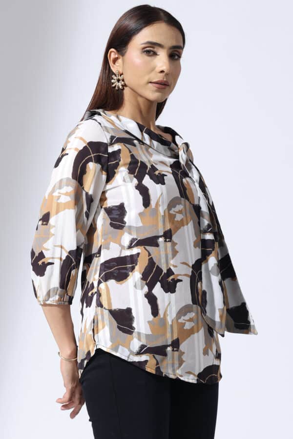 grey top ladies printed satin dobby stripe string tie neck with 3/4 sleeves