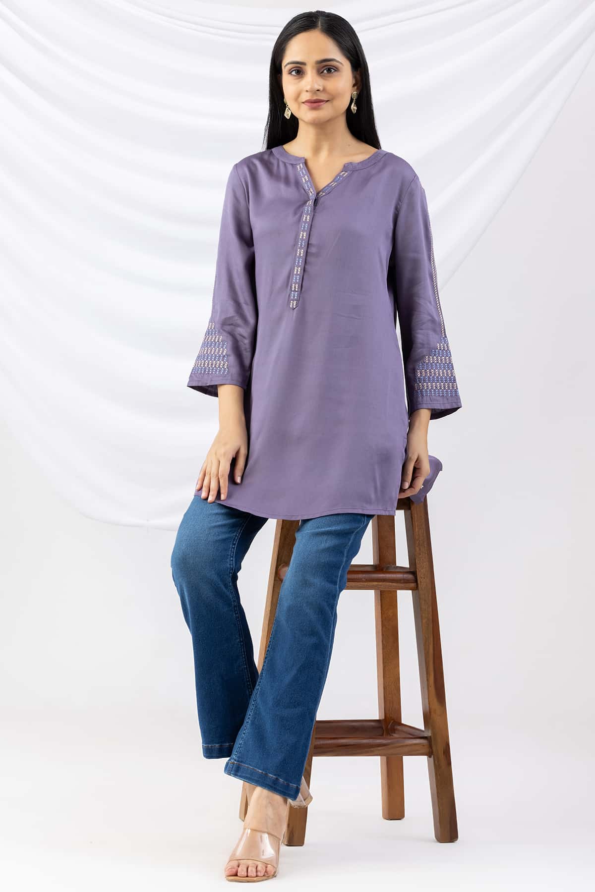 embroidered tunic women mauve modal satin round neck 3/4 sleeves