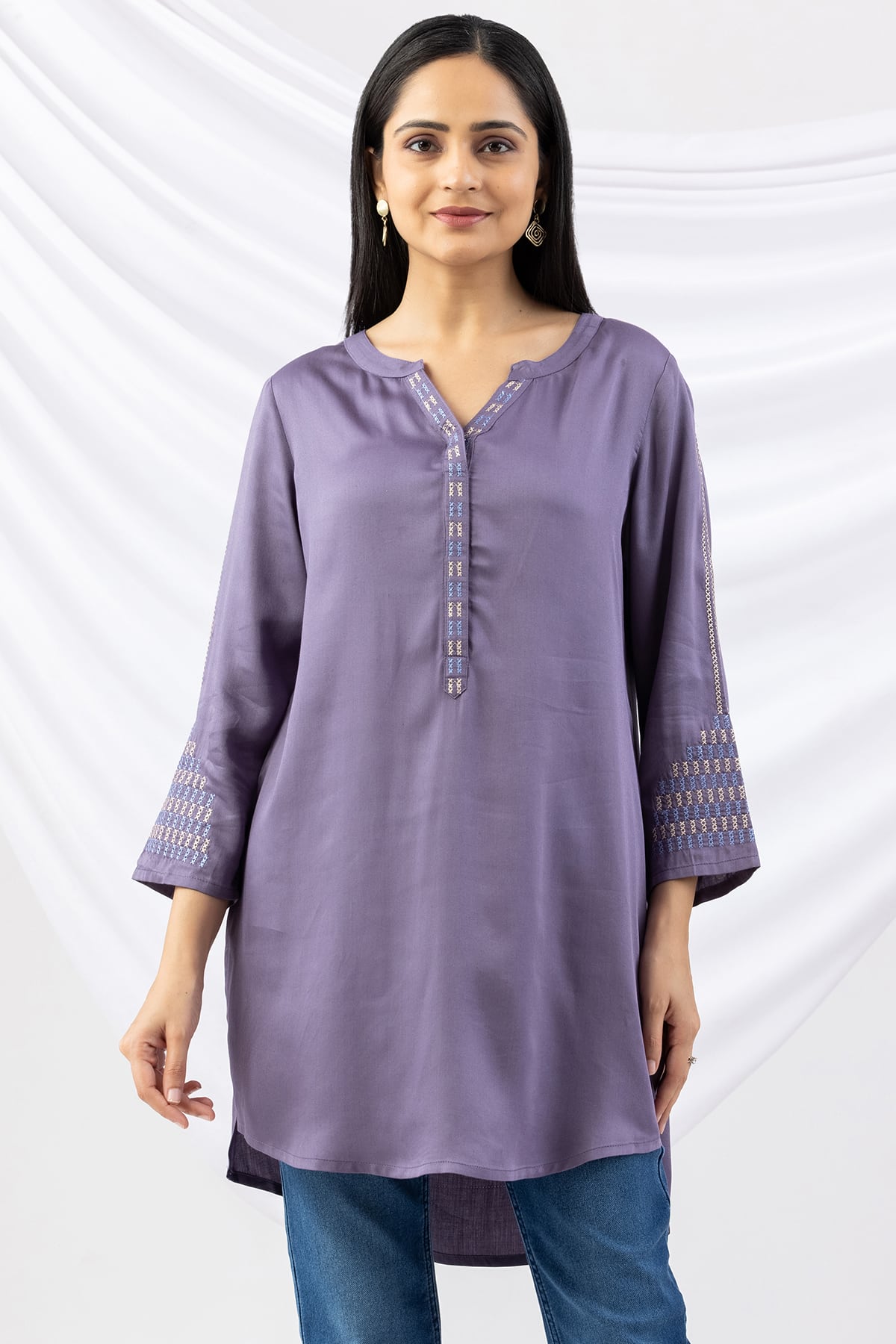 embroidered tunic women mauve modal satin round neck 3/4 sleeves