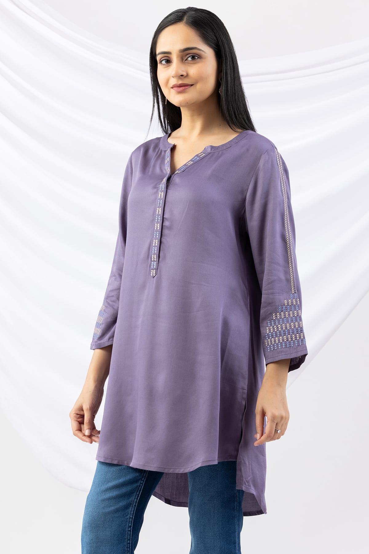 embroidered tunic women mauve modal satin round neck 3/4 sleeves