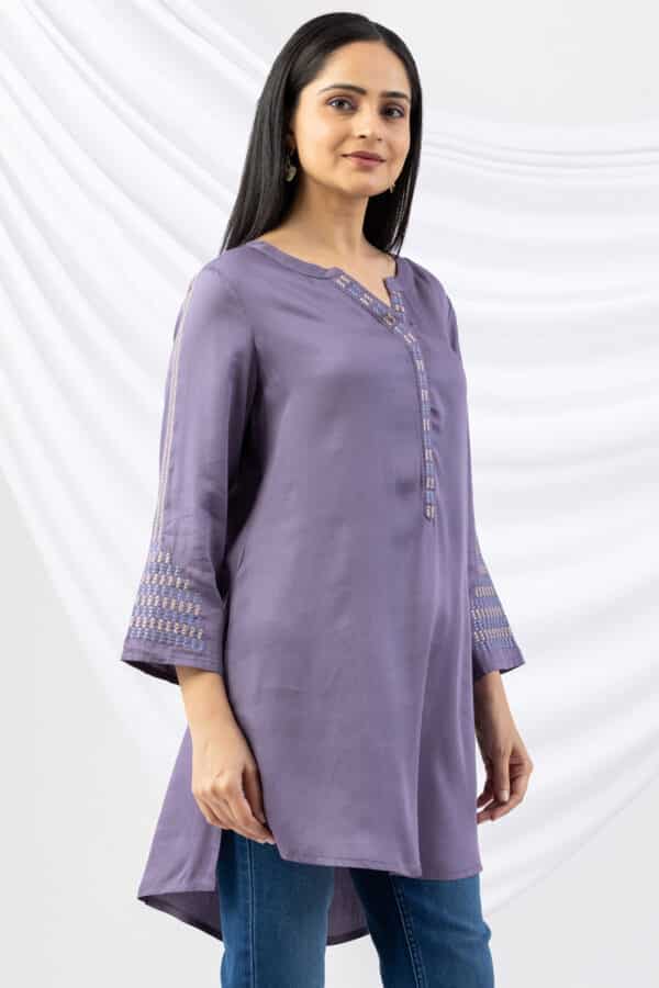 embroidered tunic women mauve modal satin round neck 3/4 sleeves