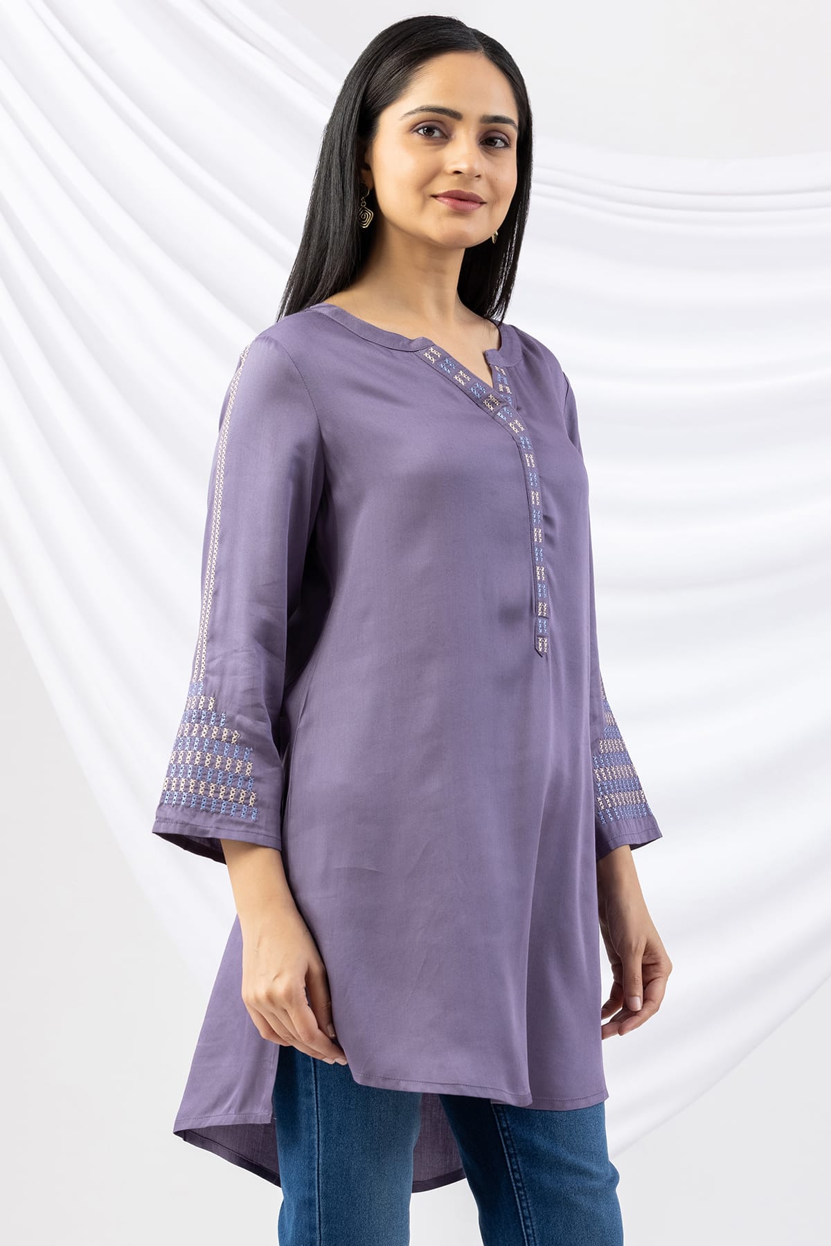 embroidered tunic women mauve modal satin round neck 3/4 sleeves