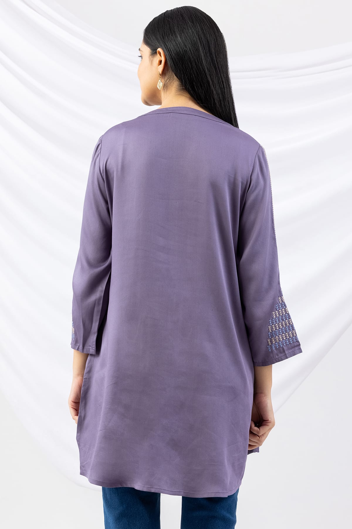 embroidered tunic women mauve modal satin round neck 3/4 sleeves