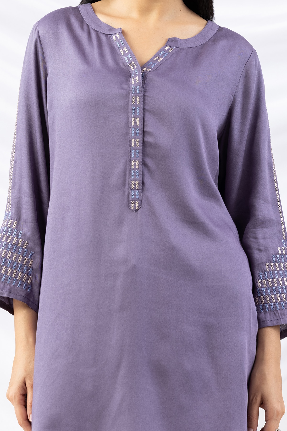 embroidered tunic women mauve modal satin round neck 3/4 sleeves