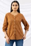 cotton top cinnamon schiffli round neck with 3/4 sleeves