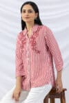 striped shirt red embroidered viscose slub collared with 3/4 sleeves