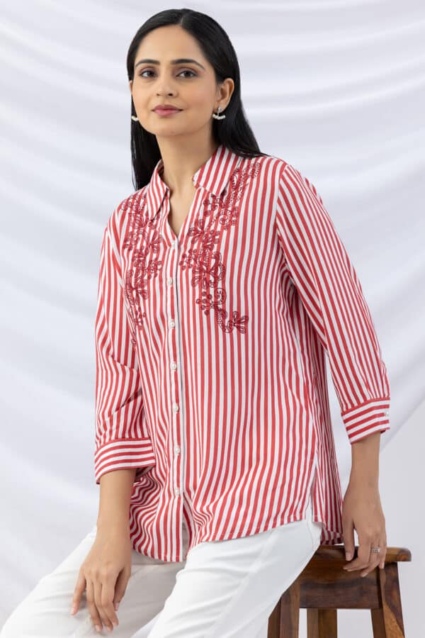 striped shirt red embroidered viscose slub collared with 3/4 sleeves