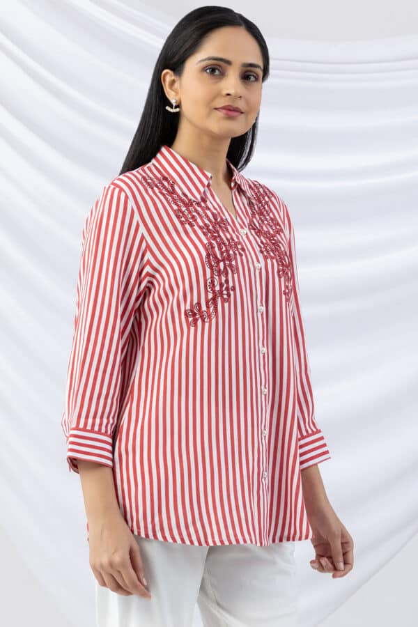 striped shirt red embroidered viscose slub collared with 3/4 sleeves