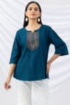 winter top ladies teal embroidered viscose cotton slub round neck with 3/4 sleeves