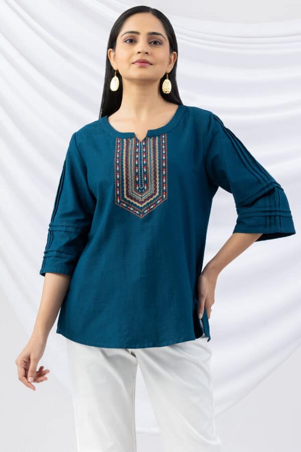 winter top ladies teal embroidered viscose cotton slub round neck with 3/4 sleeves